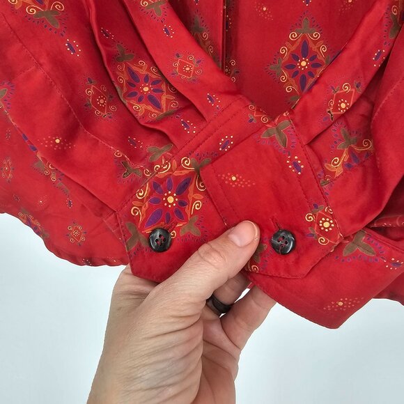 VTG Diane Gilman Red Silk Button Up Shirt L Boho Floral Print Hidden Button - Picture 4 of 10